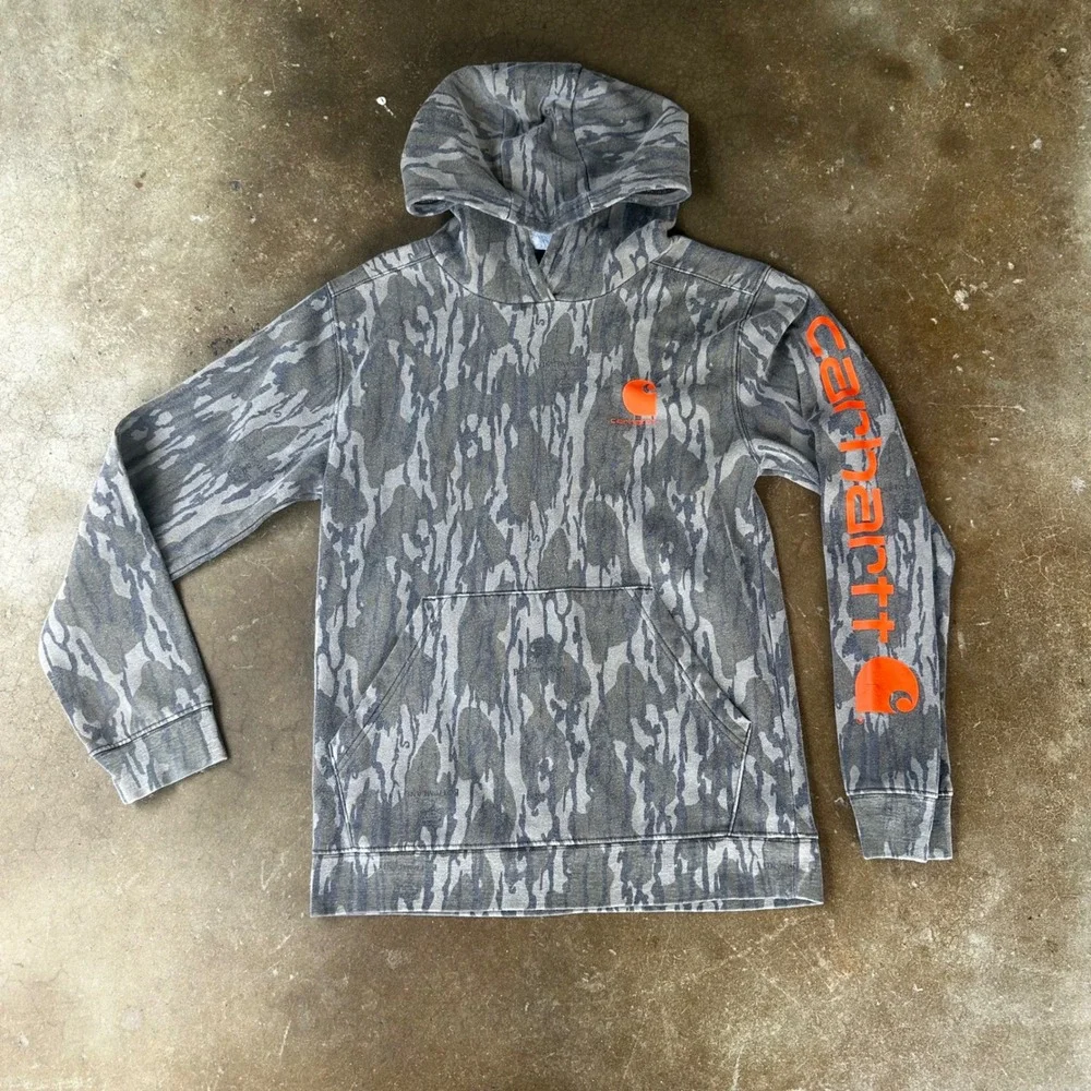 Carhartt Hoodie Kids L 14-16 Grey Camo Excellent Bark Camo Orange Logo TS6295-B